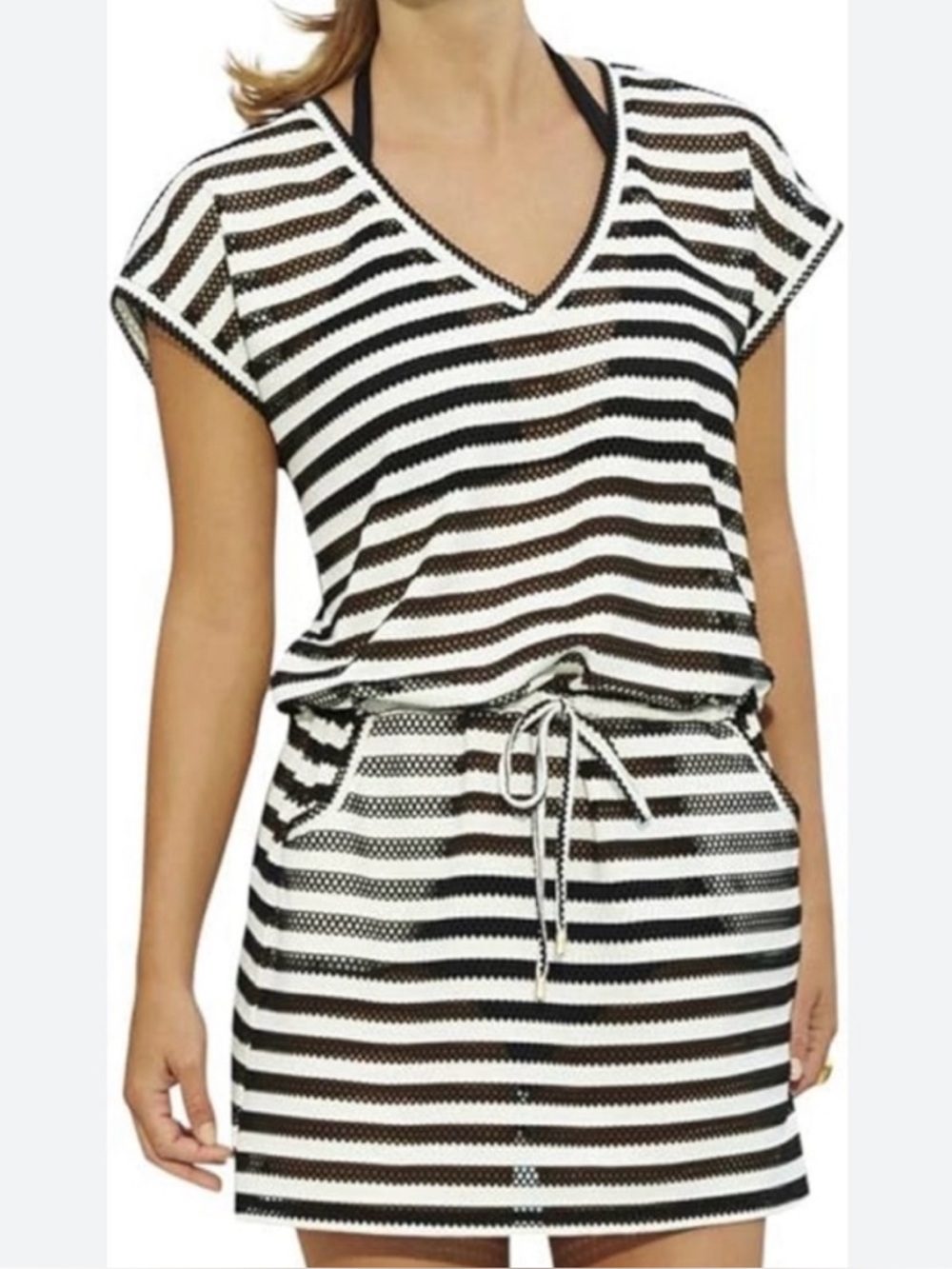 Calvin Klein Black and White Lace Stripe beach cover up with pockets Size S/M